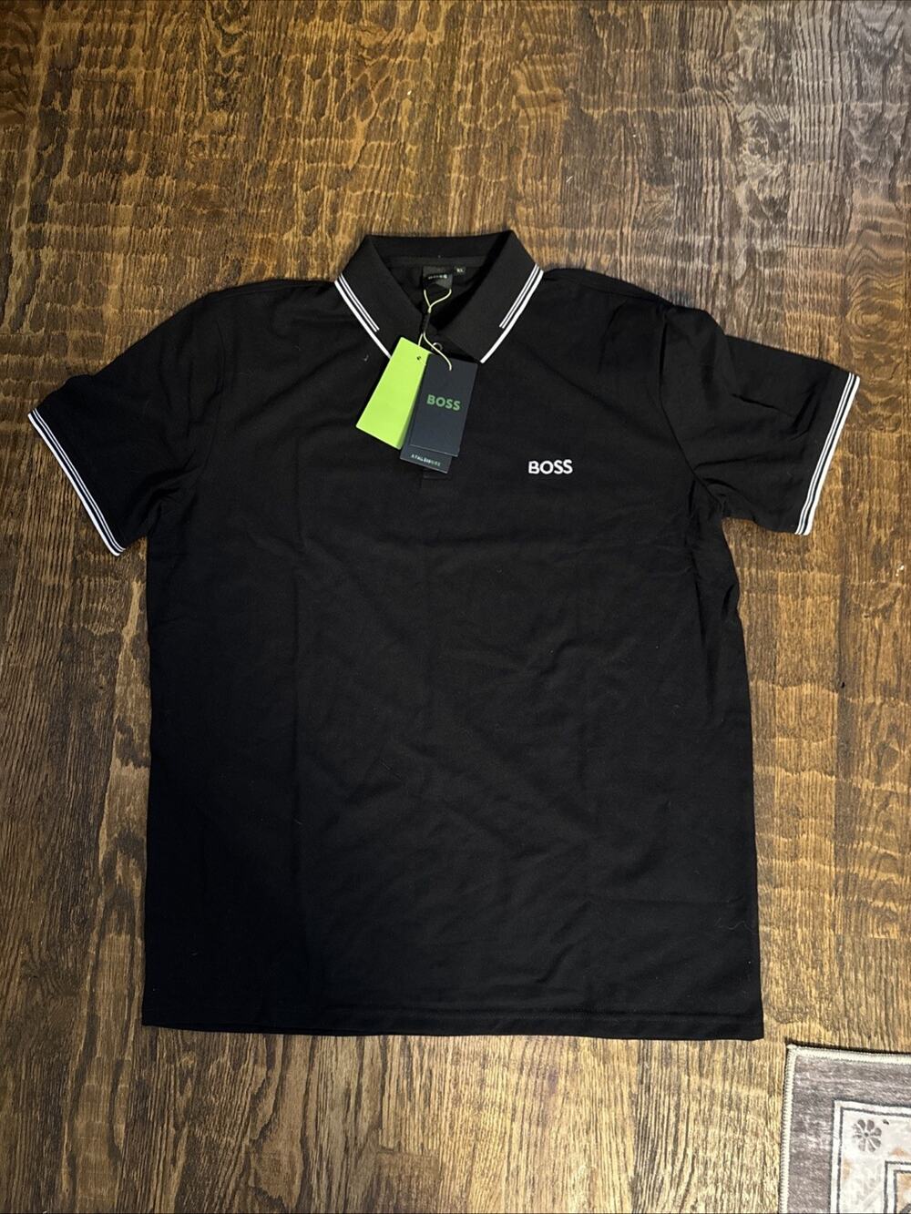 HUGO BOSS Men's Black Regular Fit Short Sleeve Golf Polo Shirt NWT Stripe Collar